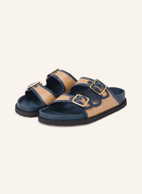 1774 BIRKENSTOCK Pantoletten ARIZONA FRAMED RAFFIA DUNKELBLAU / GOLD / HELLBRAUN