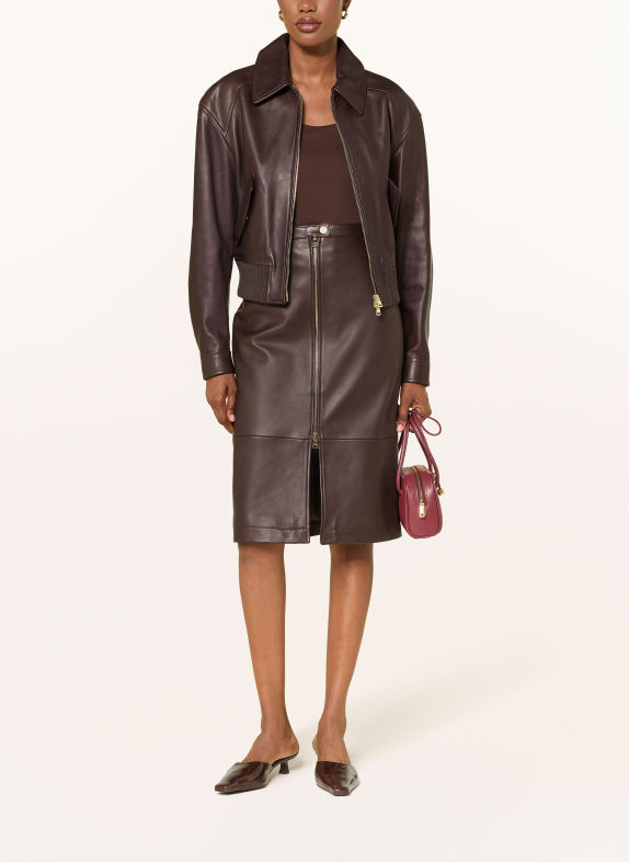 HUGO Leren rok LACELO MARRON FONCÉ / GOUD