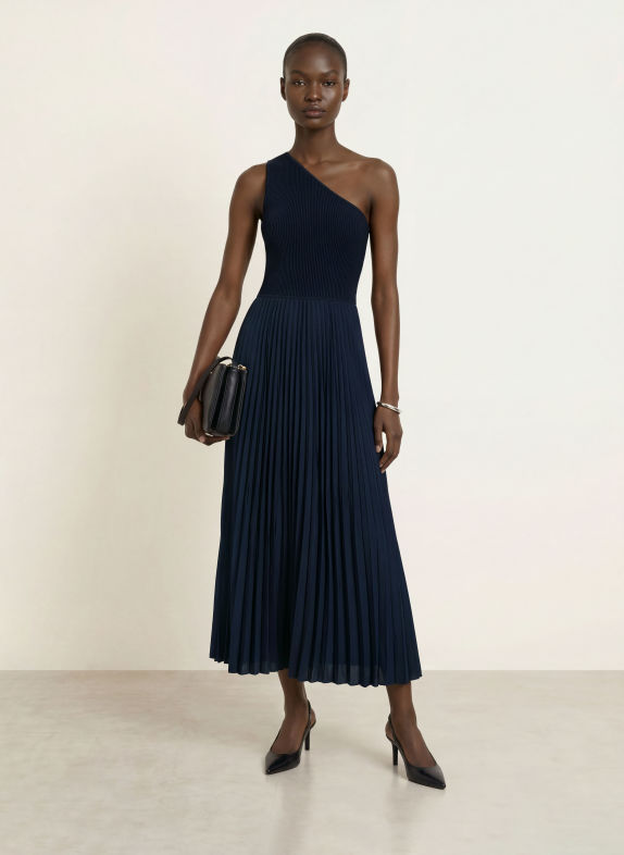 BOSS One-Shoulder-Kleid FOKI im Materialmix DUNKELBLAU