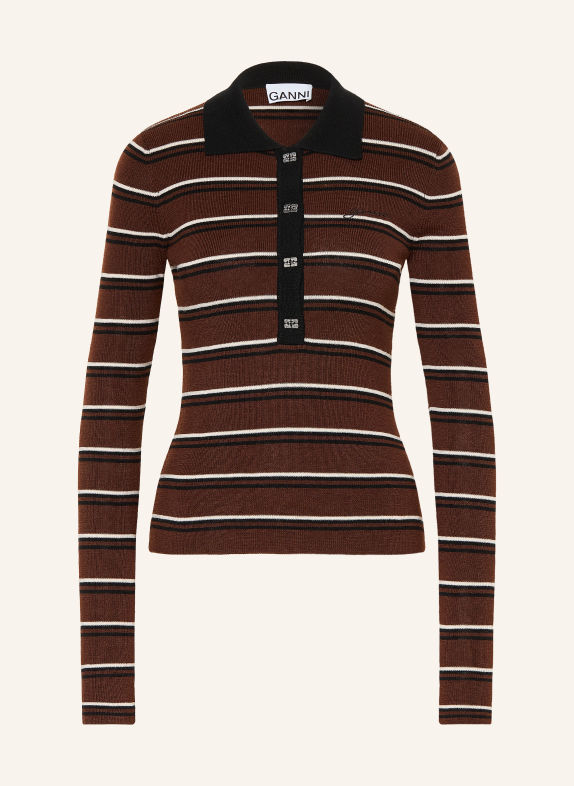 GANNI Gebreid poloshirt MARRON FONCÉ / WIT / ZWART