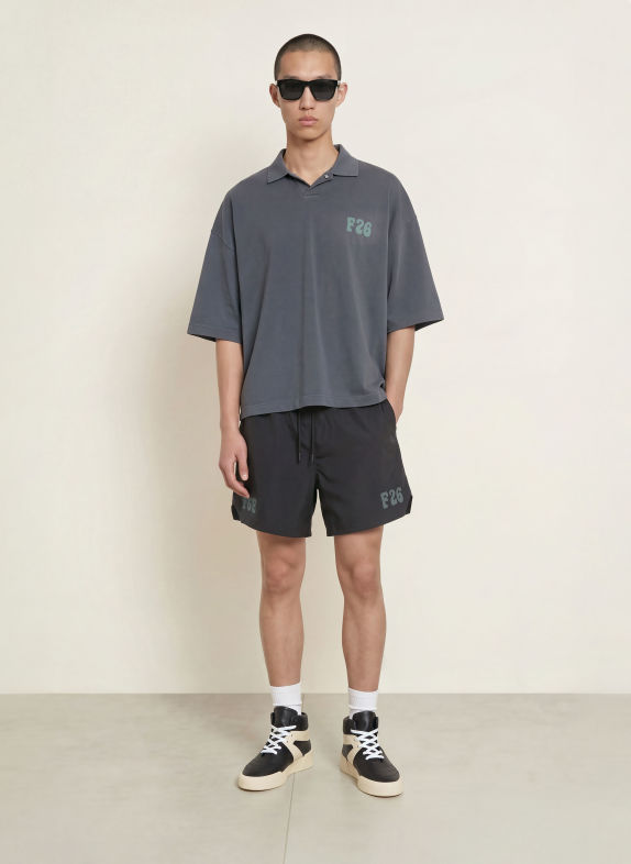ESSENTIALS - FEAR OF GOD Tricou polo din jersey cu mâneci 3/4 GRI ÎNCHIS