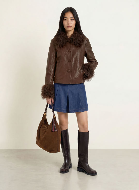 lollys laundry TRACYLL Jacket in Leather-Look with Faux Fur BROWN