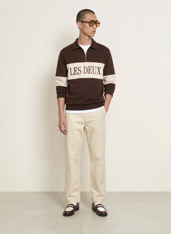 LES DEUX Sweater met halve rits MARRON FONCÉ / BEIGE