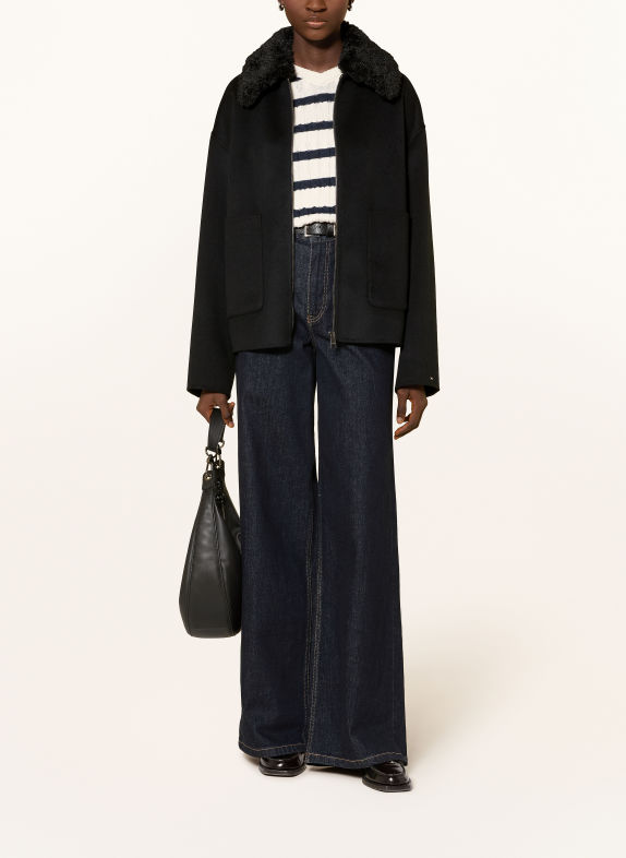 TOMMY HILFIGER Boxy jacket with a detachable faux fur collar BLACK
