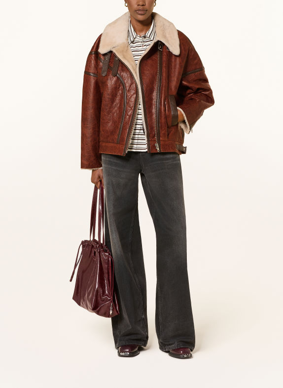 MRS & HUGS Leather jacket BROWN / DARK BROWN / ECRU