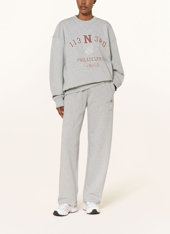 HUGO Sweatshirt oversize DOSTHWAITE orné de pierres décoratives GRIS CLAIR / MARRON / ÉCRU