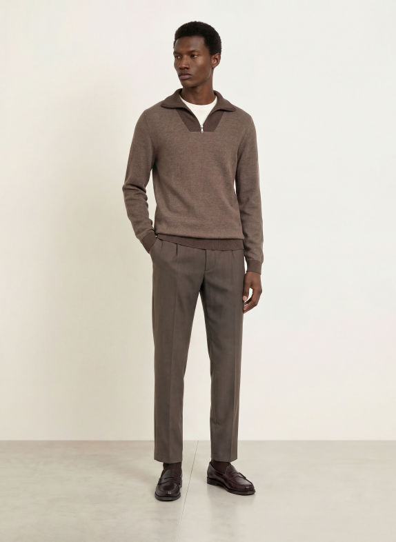 RAGMAN Piqué Half-zip sweater DARK BROWN