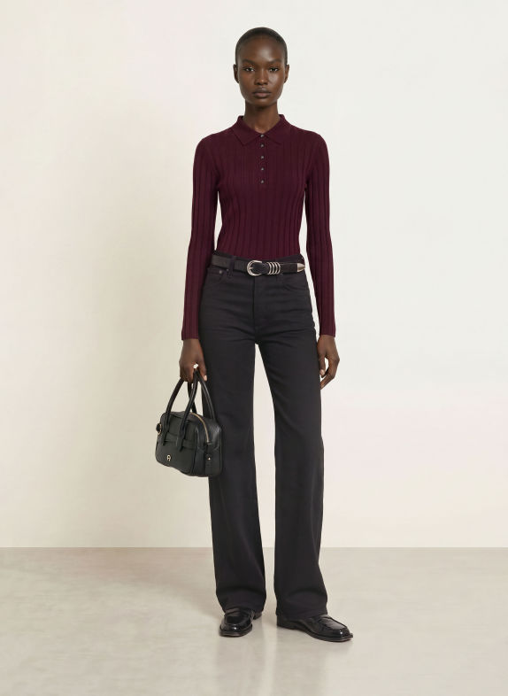 ALLUDE Gebreid poloshirt DONKERPAARS