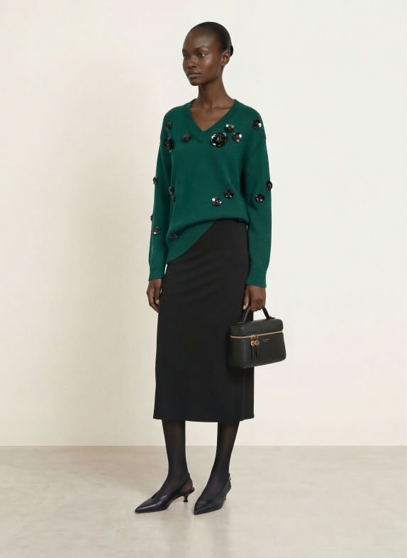 Max Mara STUDIO Pullover NIGELLA mit Pailletten und Schmucksteinen DUNKELGRÜN / SCHWARZ
