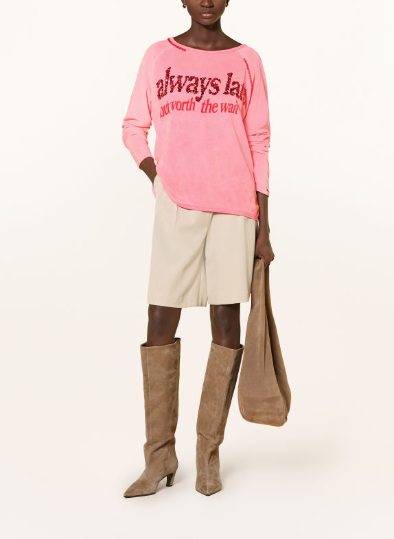 Grace T-shirt Nicki « ALWAYS LATE » à paillettes ROSE FUCHSIA / ROUGE FONCÉ / ROUGE