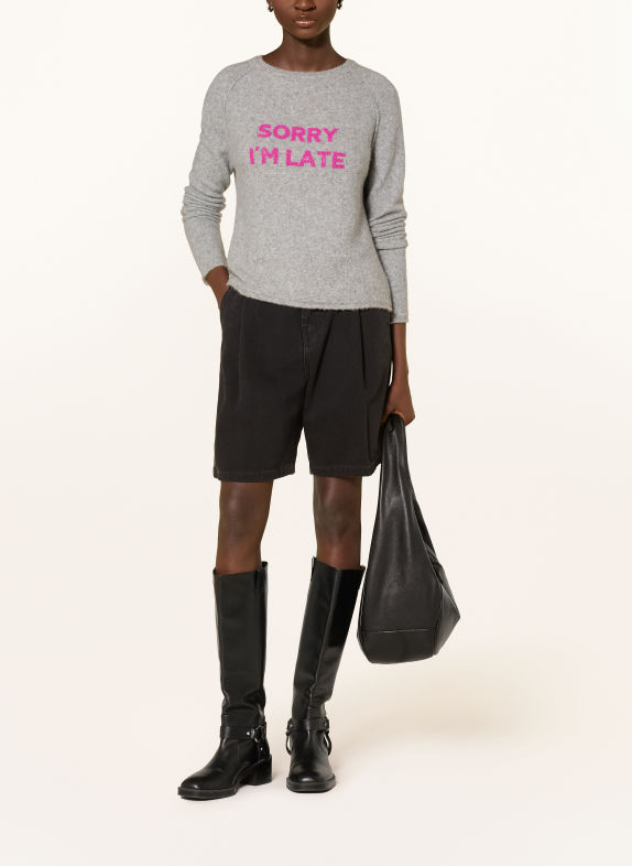 Grace Pull « SORRY I'M LATE » orné de perles décoratives GRIS / ROSE FUCHSIA