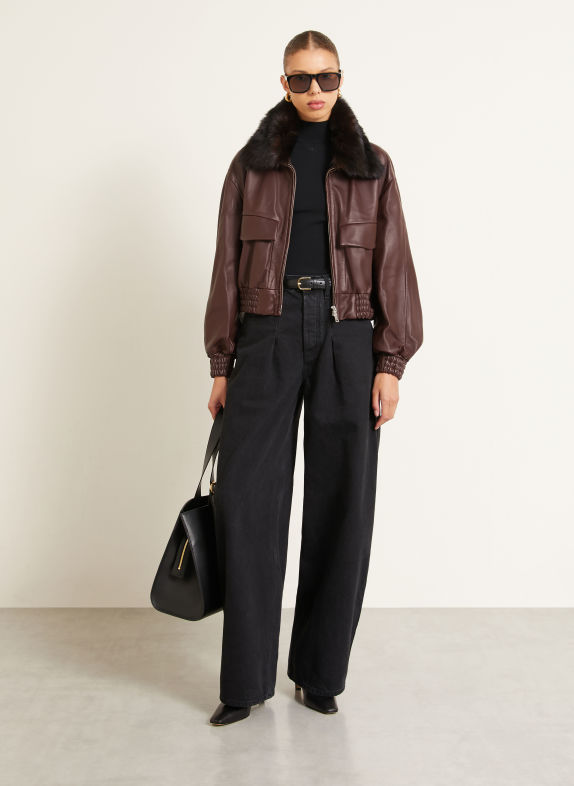 NOUR HAMMOUR ELLERY leather jacket with detachable collar BROWN / DARK BROWN