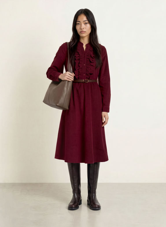 MORE & MORE Corduroy dress with ruffles DARK RED