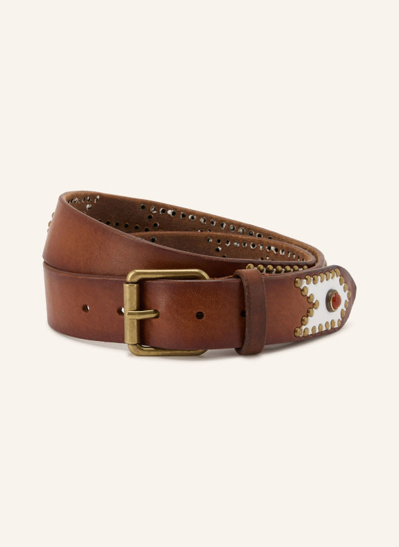 POST & CO Leather belt with studs and gemstones BROWN / GOLD / WHITE