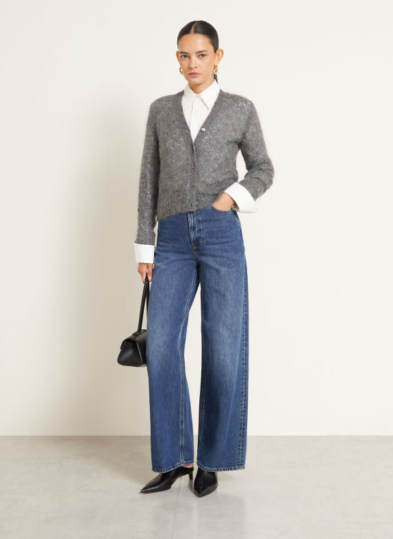 JIL SANDER Stickad kofta med mohair och siden GRÅ