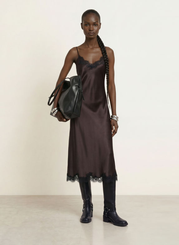 MRS & HUGS Satin dress with lace DARK BROWN