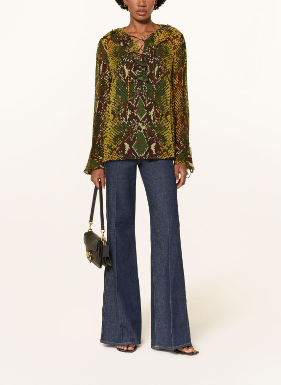 DIANE VON FURSTENBERG Blusenshirt PAOLA mit Volants DUNKELBRAUN / COGNAC / GRÜN