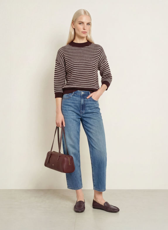 OPUS PEIPINA Sweater with 3/4-Length Sleeves DARK BROWN / BEIGE / WHITE