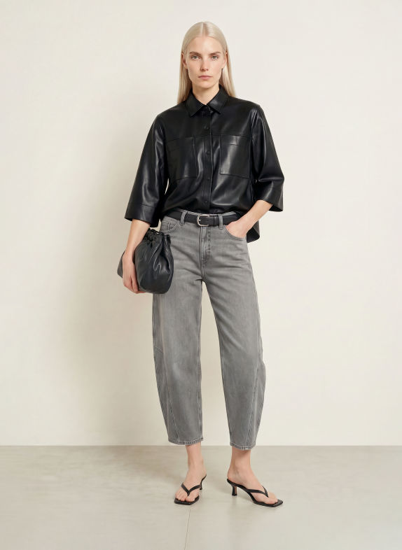 OPUS FELEDA leather-look shirt blouse with 3/4 sleeves BLACK