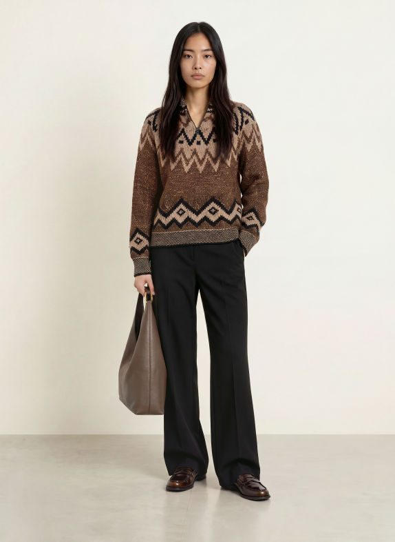 CINQUE CINORGA Half-zip sweater with Glitter Yarn BROWN / CAMEL / BLACK