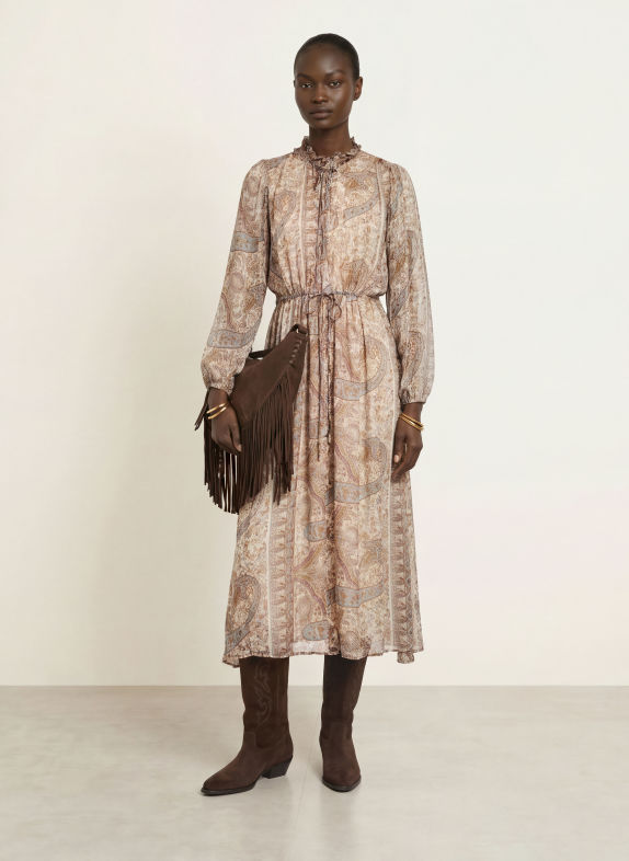 ba&sh Kleid CIAHARA mit Rüschen TÜRKIS / BRAUN / CREME