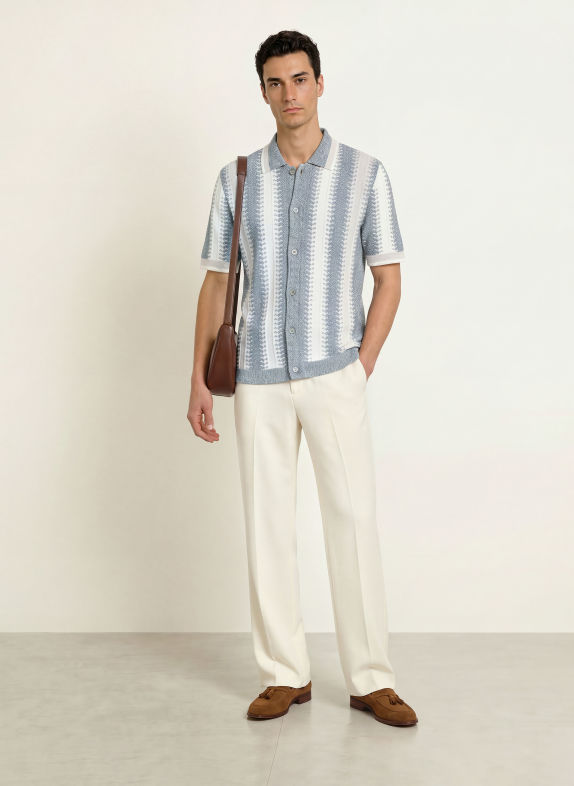 REISS Gebreid overhemd DALE Regular Fit CRÈME / BLAUWGRIJS