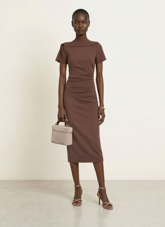REISS HILARY-etui-jurk van jersey met volants BRUIN