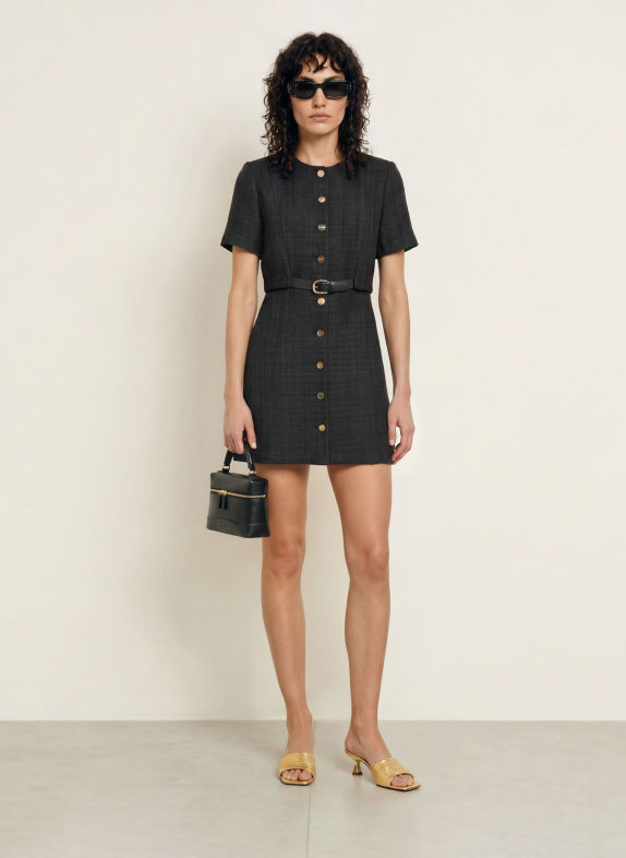 SANDRO Tweed-Kleid SCHWARZ