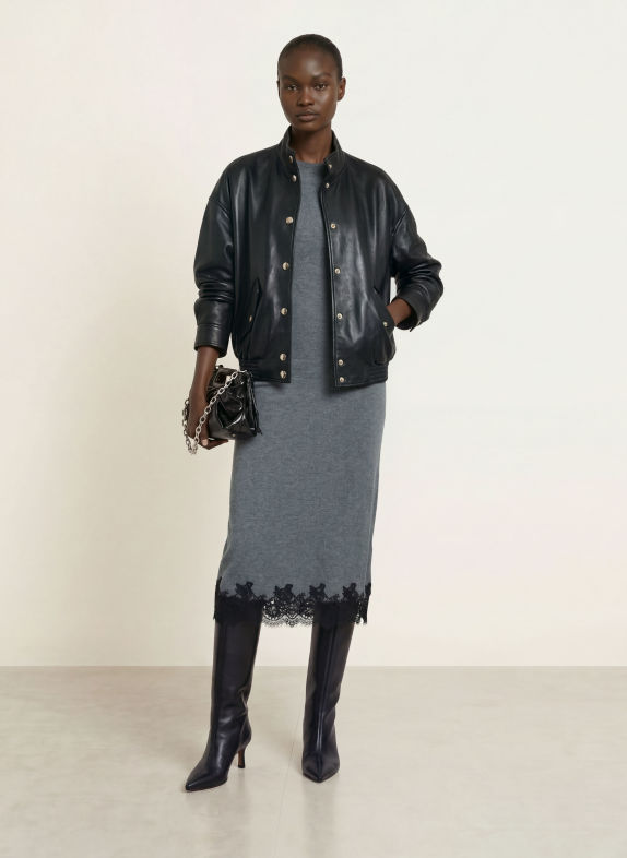 maje Strickkleid mit Spitze GRAU