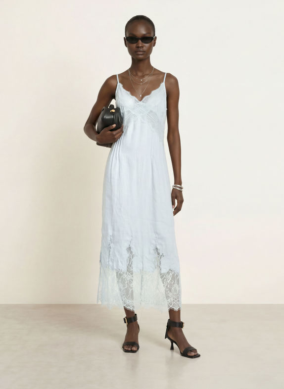 ALLSAINTS Linnen jurk SAMIA met kant LICHTBLAUW