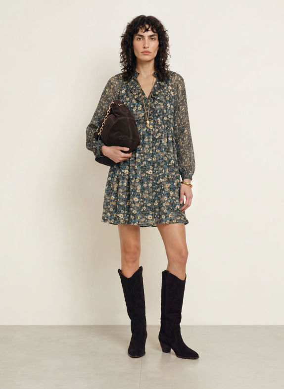 ba&sh Kleid KIMIA mit Volants KHAKI / BEIGE / PETROL