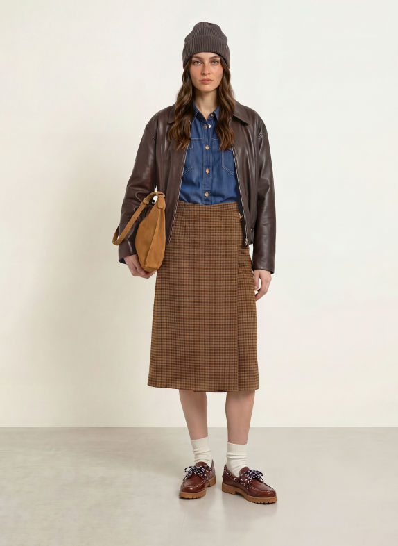 CLAUDIE PIERLOT Flanellrock in Wickeloptik BEIGE / BRAUN / BLAU