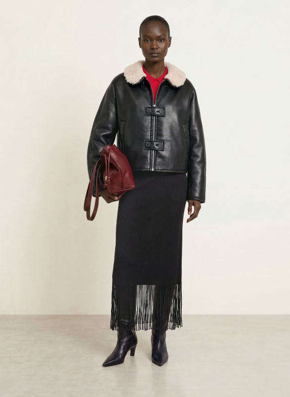 CLAUDIE PIERLOT Jacke in Lederoptik mit Kunstfell SCHWARZ / CREME