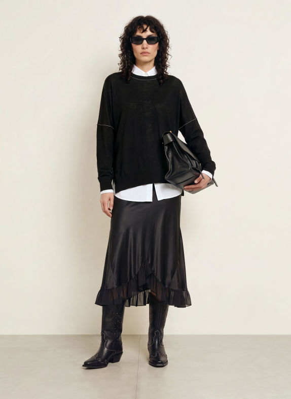ALLSAINTS IRMA Satin Skirt with Silk and Ruffles BLACK