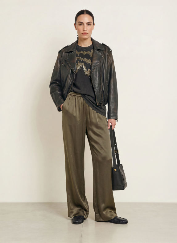 ALLSAINTS Pantalon palazzo LYCIA en satin KAKI
