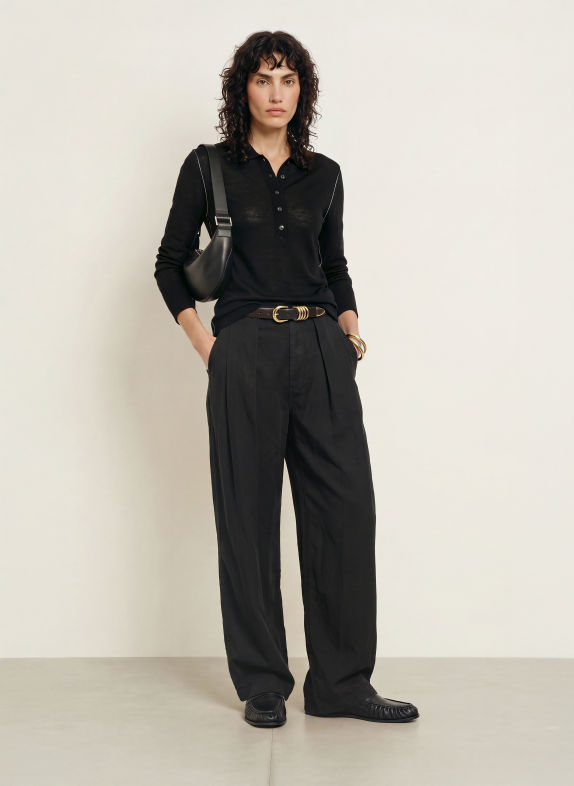 ALLSAINTS Strick-Poloshirt MARTEL aus Merinowolle SCHWARZ / WEISS