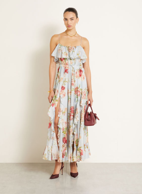 ZIMMERMANN ROSELIGHT silk dress with flounces LIGHT BLUE / PINK / LIGHT GREEN
