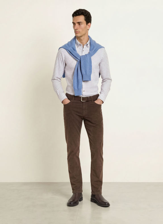 HACKETT LONDON Flanellen overhemd Tailored Fit WIT / MARRON FONCÉ / LICHTBLAUW