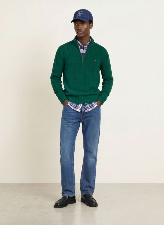 TOMMY HILFIGER Sweter typu troyer CIEMNOZIELONY