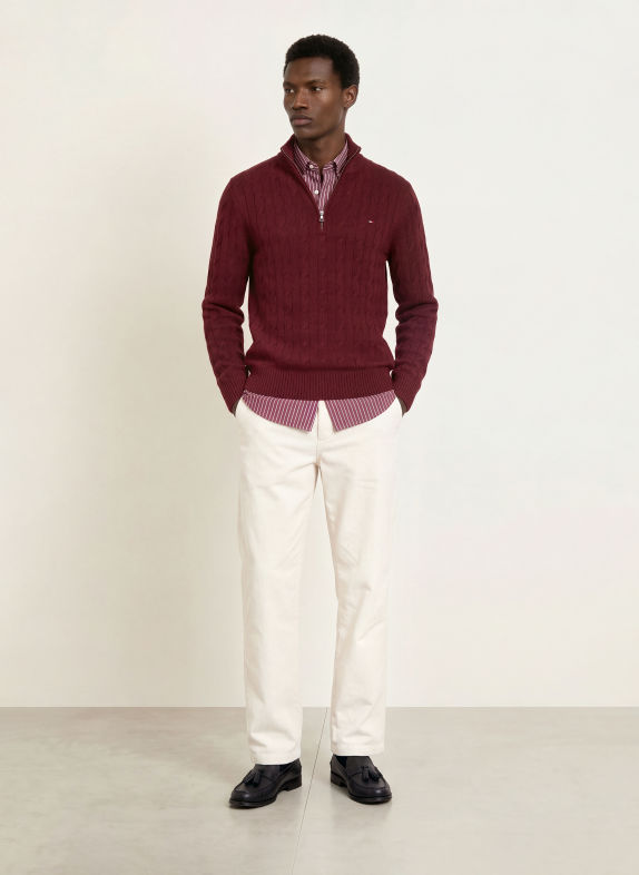 TOMMY HILFIGER Sweter typu troyer CIEMNOCZERWONY