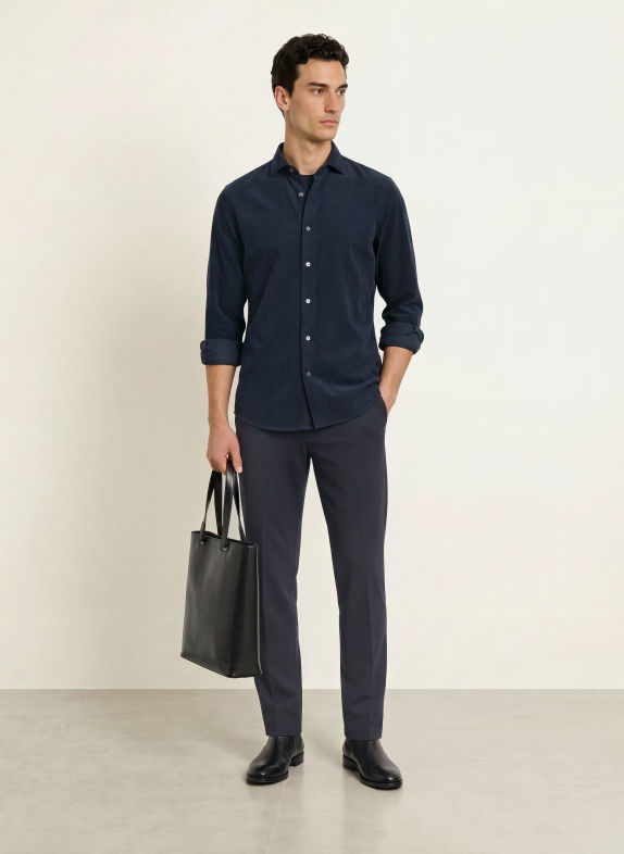 PROFUOMO Chemise en velours côtelé, coupe Comfort Fit BLEU FONCÉ