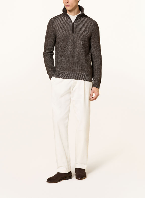 MAERZ MUENCHEN Pull col zippé en laine mérinos MARRON FONCÉ / BLANC