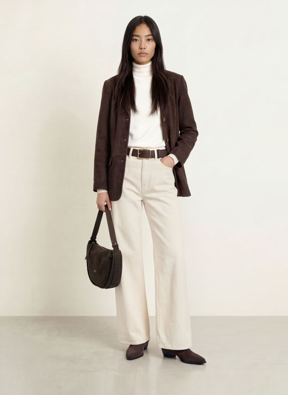 YERSE Blazer en cuir SUEDE MARRON FONCÉ