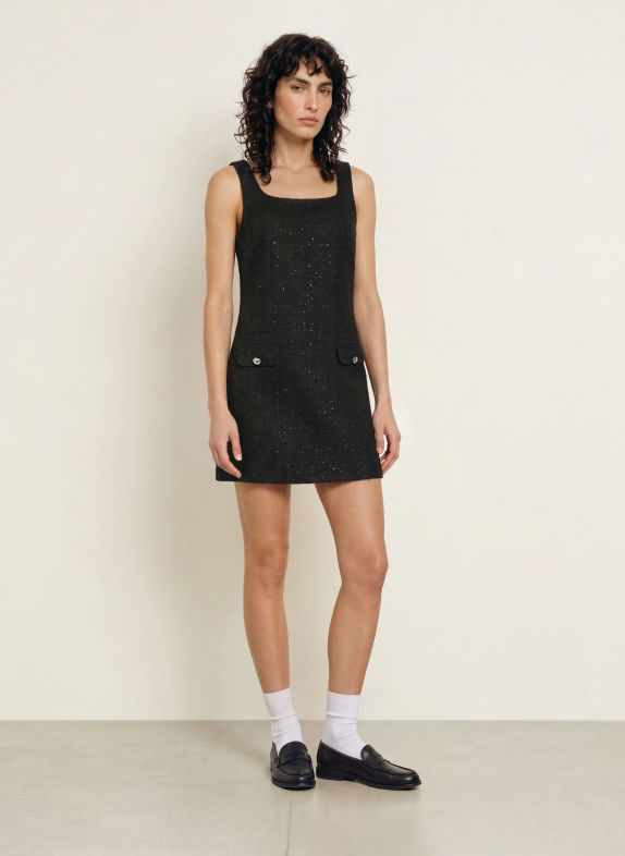 HUGO Robe bouclée KALIFE avec paillettes et fil pailleté NOIR