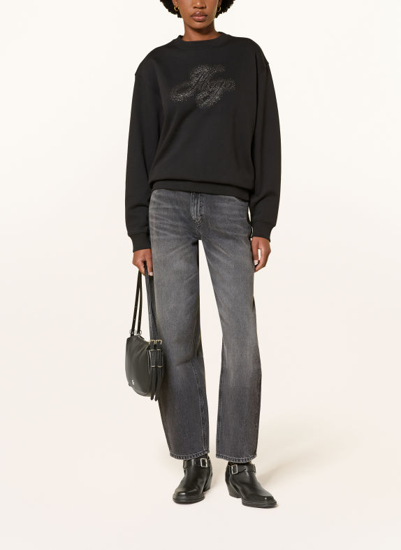 HUGO Sweatshirt DANICEY mit Schmucksteinen SCHWARZ / SILBER