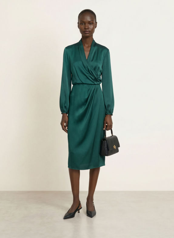 Max Mara STUDIO Wickelkleid MISS aus Satin DUNKELGRÜN