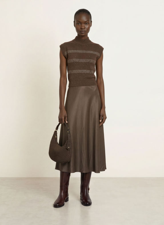 PESERICO Dress made from a mix of fabrics with glitter yarn and decorative beads DARK BROWN