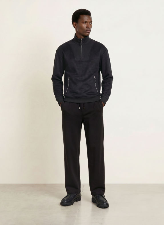 HUGO Fleece-Troyer DERENZIP im Materialmix SCHWARZ