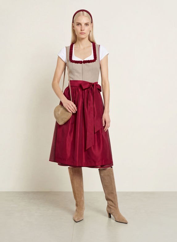 KINGA MATHE Dirndl AMADORA mit Leinen BEIGE / DUNKELROT