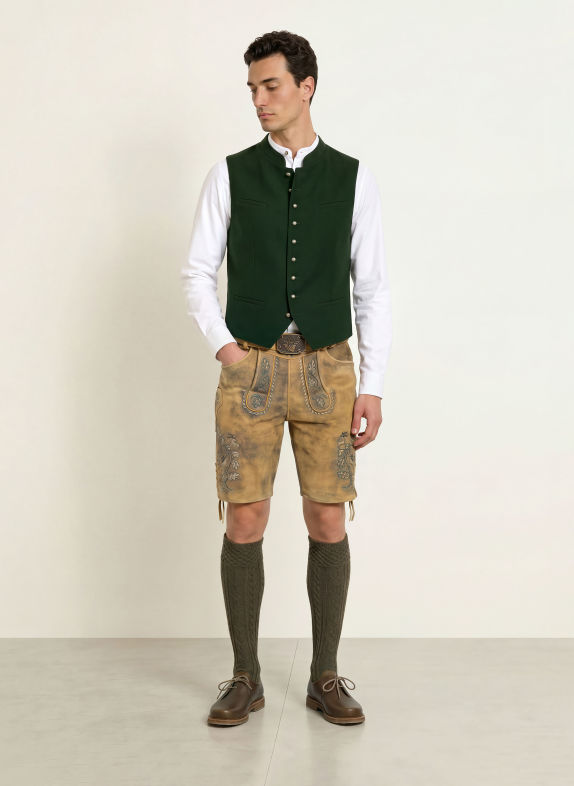 Spieth & Wensky Traditionele lederhose FRIDOLFING CAMEL / TAUPE / DONKERGROEN